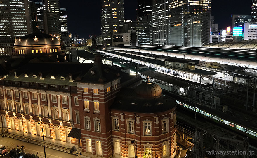 KITTEの屋上庭園から見渡したJR東京駅舎とプラットホーム