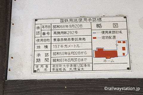 用土駅、旧駅舎の「国鉄用地使用承認標」なる看板。