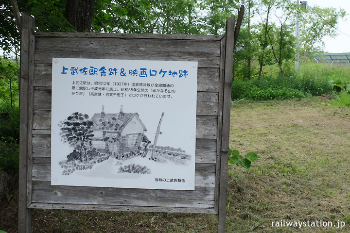 標津線・上武佐駅舎跡地と映画「遥かなる山の呼び声」ロケ地の看板