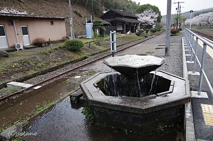 JR九州・肥薩線・大畑駅、ホーム上の湧水盆から湧き出る水