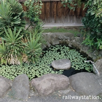 久大本線・小野屋駅、駅舎前の小さな池のある庭園風空間