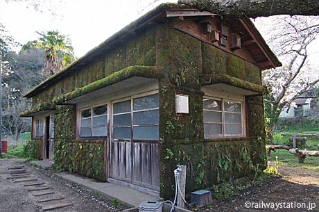 月崎駅構内に残る木造の詰所跡、苔がびっしりと絡み付く。